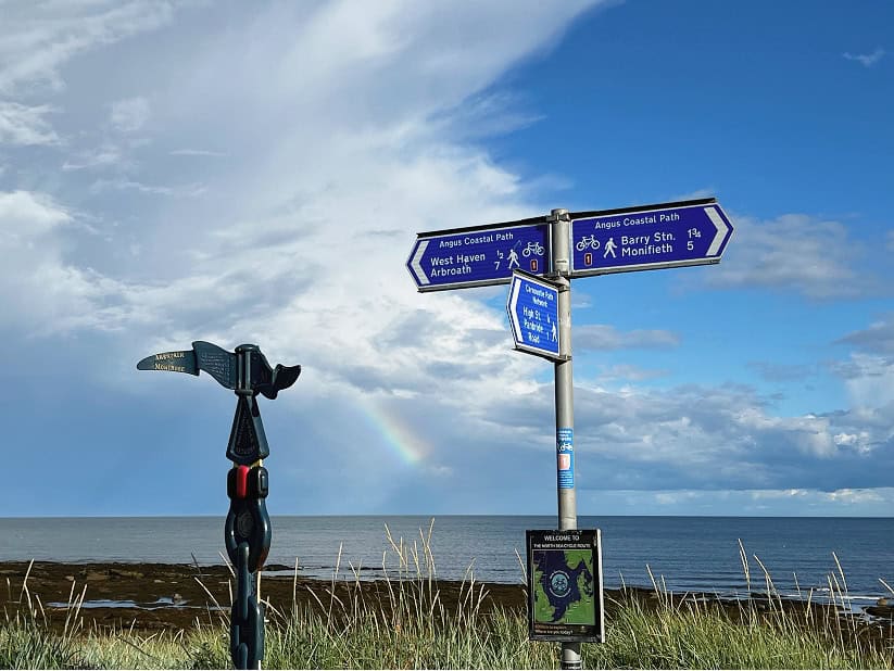 Coastal signpost with directions near the sea in Carnoustie.